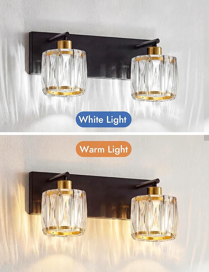 VOLISUN Crystal Vanity Lights for Bathrooms, 2 Light Bathroom Vanity Light, Black and Gold Bathroom Light Over Mirror, Modern Bathrooms Lights Fixtures-UL Certificated(Exclude Bulb)