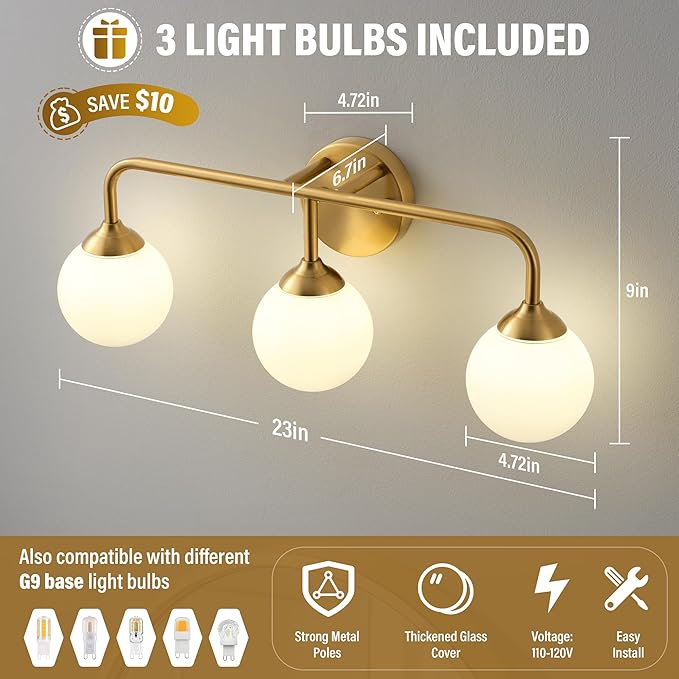 Bathroom Light Fixtures - 3 Light Brushed Brass Vanity Light Over Mirror for Bathroom Mirror Living Room Bedroom, Gold Bathroom Wall Sconce with Frosted Glass Shade, 3 G9 Bulbs Included
