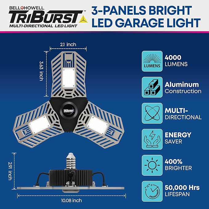 Bell+Howell TRIBURST Aluminum LED Socket Ceiling Light Bulbs 60W 4000 LM 6500K – 3 Deformable Panels LED Shop Light Fixture for Indoor, Bedroom, Living Room, Garage Lights, Home Improvement, E26 / E27