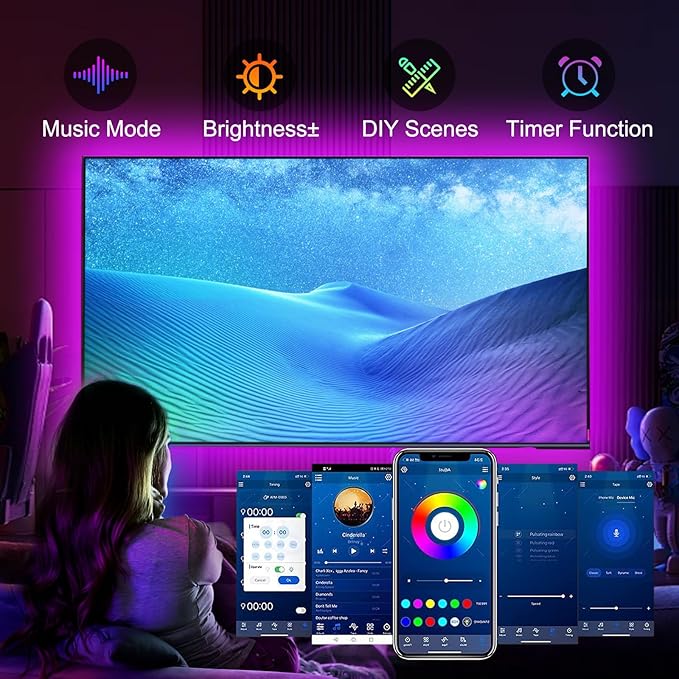 VOLIVO LED Lights for TV, 16.4FT Led Backlight for 45-85 inch TVs, Bluetooth RGB LED Lights Behind Television with Remote, USB Powered, Color Changing, Music Sync, for Gaming Room,Desk,Under Table