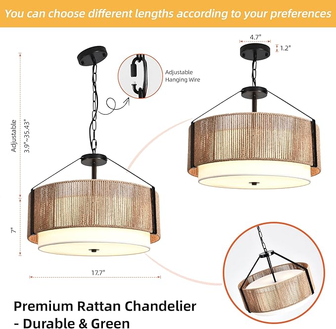 19.7" 4-Light Boho Pendant Light Fixture Rattan Chandelier, Hand Woven Farmhouse Chandelier for Dining Room Pendant Light for Kitchen Island, Bedroom, Dining & Living Room