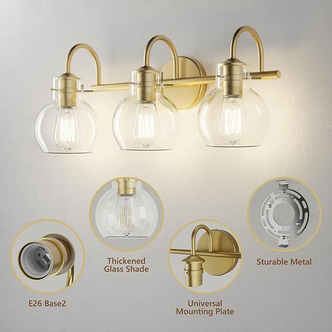 Gold Vanity Light, 3 Light Bathroom Light Fixtures, Modern Bathroom Vanity Lights Fixtures Over Mirror with Clear Globe Glass Shade, Gold Wall Sconces for Bathroom Hallway, E26 Base