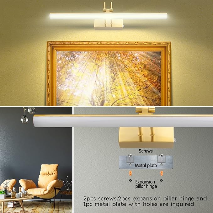 Picture Light, Picture Lights for Wall Cordless, 13inch Picture Lights with Timer and Dimmable, 5000mAh Battery Wall Lights for Display Gallery Painting Art Frame Portrait - Plated Gold, Metal