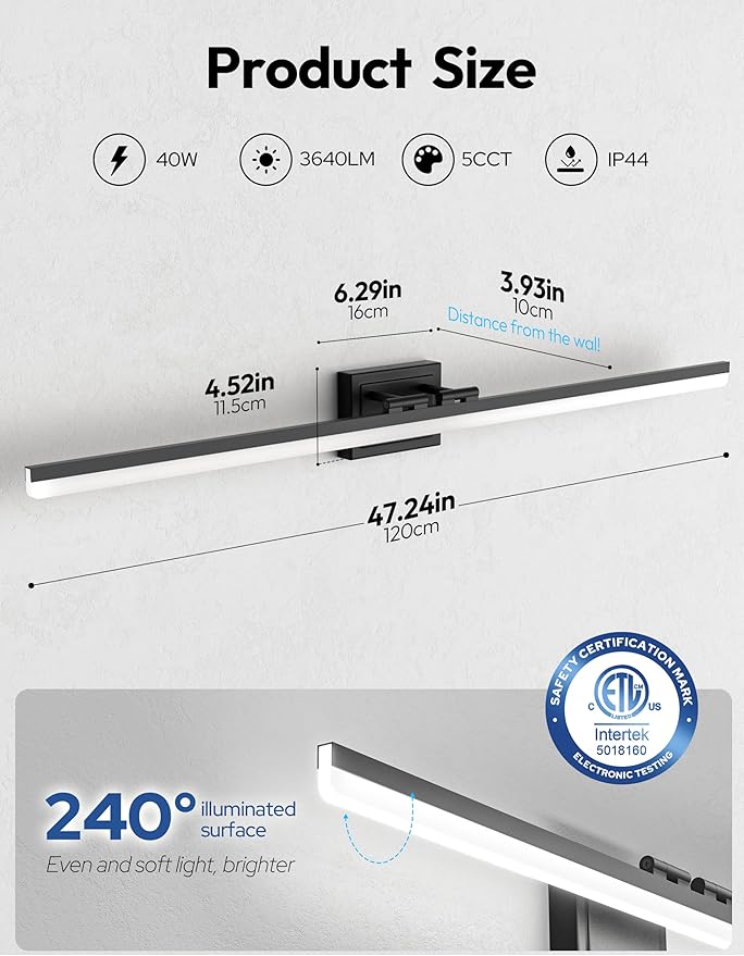 VOLISUN Modern Bathroom Vanity Light 48 inch, 40W Dimmable 5CCT Led Bathroom Light Fixture Over Mirror, Black Bar Vanity Light for Bathrooms Mirror Cabinets Bedroom
