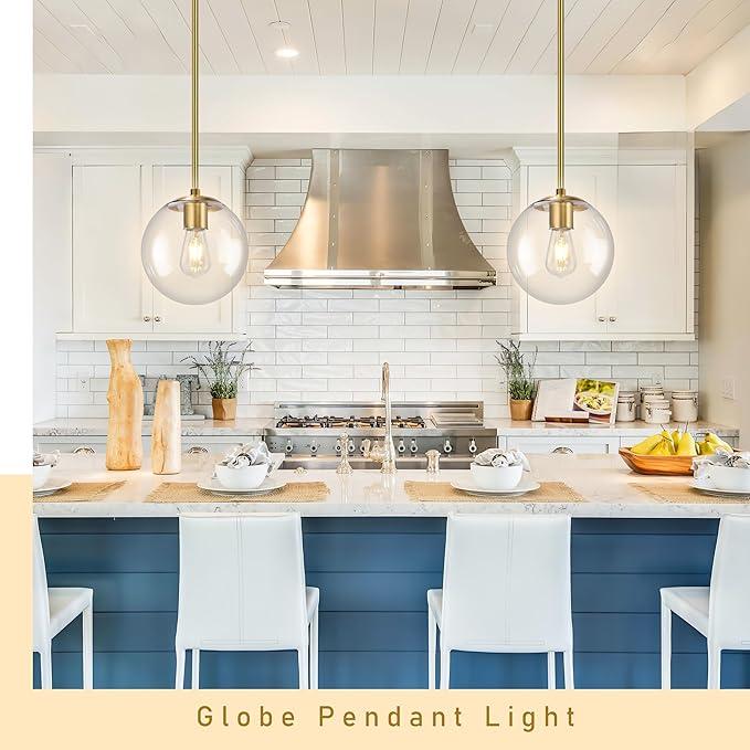 Bagood 10" Globe Pendant Light Gold 2 Pack Mid Century Pendant Light Globe Pendant Lights Kitchen Island Brushed Brass Finished with Clear Glass Adjustable Ceiling Light Fixtures for Dining Room Bar