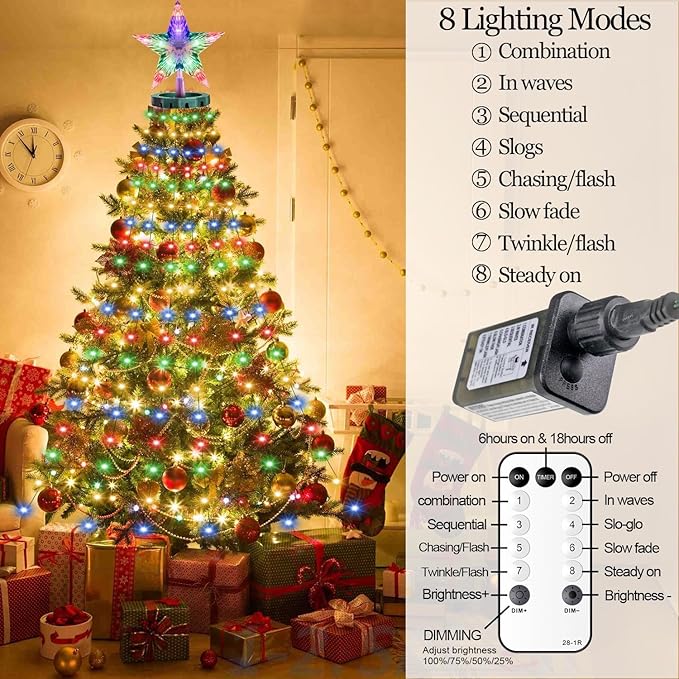 410LED Christmas Tree Lights with Star Topper, Christmas String Lights with Ring for Tree, 6.6FT x 16 Lines Fairy Twinkle Lights 8 Modes Timer Remote for Indoor Outdoor Xmas Tree Decor, Multicolor