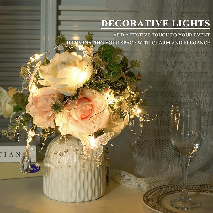 AdasBridal Iridescent Butterfly Fairy Lights, 3.28ft LED Lights Battery Operated, 3-8mm Artificial Beads Mixed 4 Butterflies String Light for Indoor Bedroom Christmas Wedding Party Dorm (2pcs)
