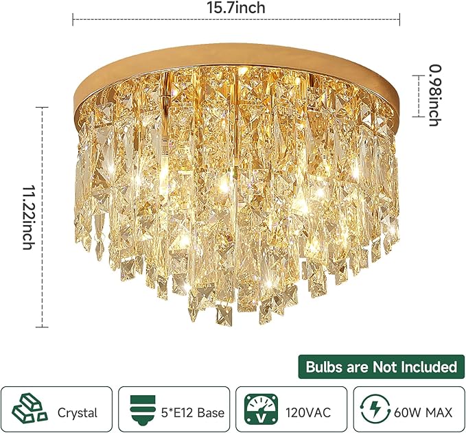 YMP&YZX Crystal Ceiling Light Fixture Flush Mount,15.7" French Gold Modern Crystal Chandelier with E12 Base Ceiling Lights for Bedroom Living Dining Room Hallway Closet Light Fixture 5-Light