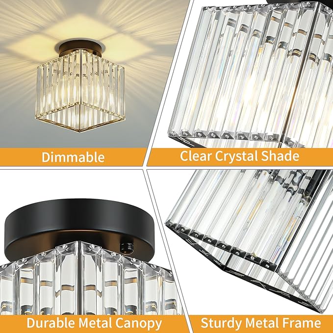 2-Pack Black Crystal Semi Flush Mount Ceiling Light 7.24" Modern Square Lighting Fixture Small Chandelier for Kitchen Hallway Entryway Dining Room Bedroom Bathroom Laundry