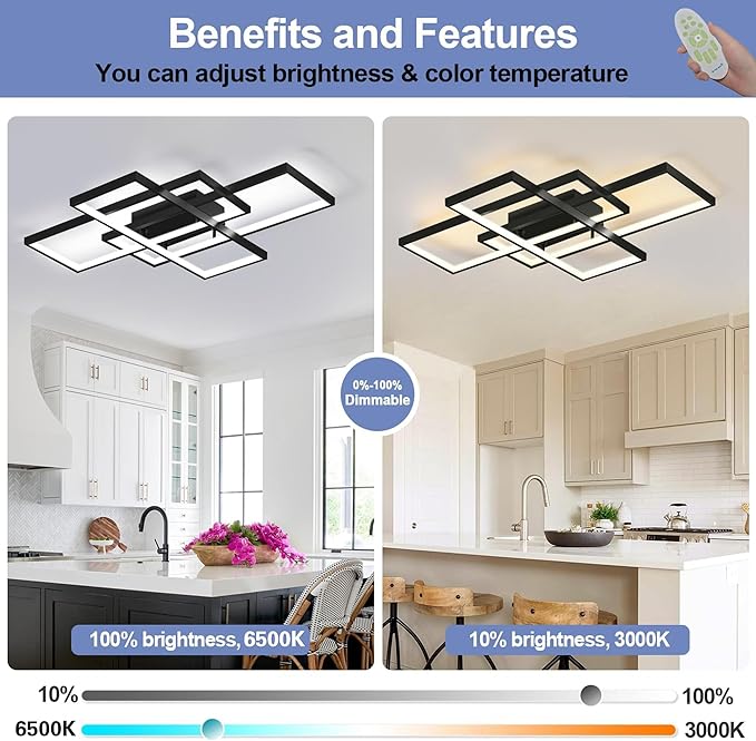 Modern LED Ceiling Light 31.5" Dimmable Black Ceiling Light Fixture with Remote Control Square 54W 3000K-6500K Ceiling Lamp for Kitchen, Living Room, Bedroom