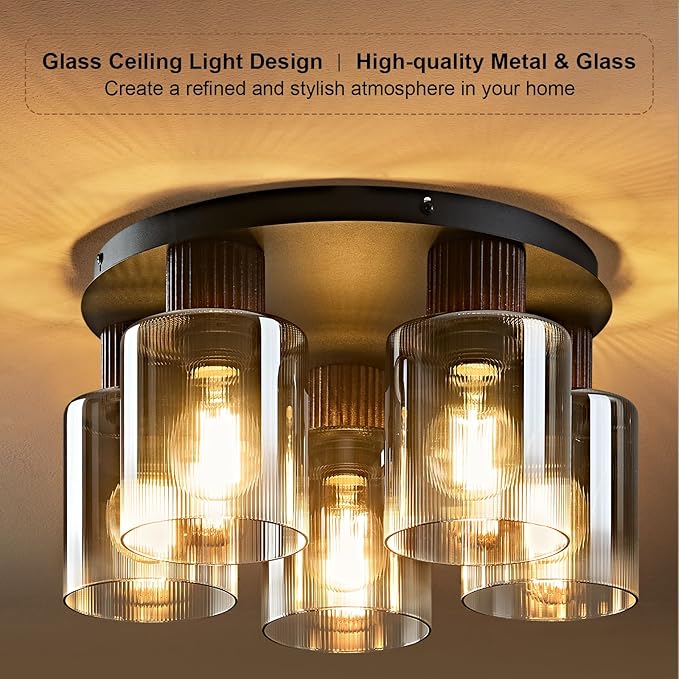 5-Lights Semi Flush Mount Ceiling Light Kitchen Lighting Fixtures Ceiling Black Walnut Wood Kitchen Cieling Light Fixtures with Clear Glass Shade for Dining Room Entryway Foyer Hallway