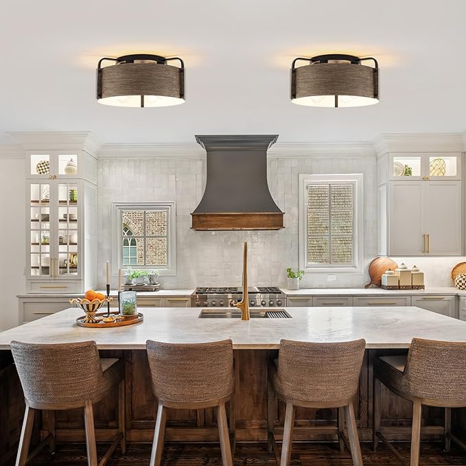 Flush Mount Ceiling Light, 4-Light Farmhouse Ceiling Light Fixture Metal Wood Grain Finish Close to Ceiling Lights for Living Room Kitchen Island Dining Room, E26 Base(Not Included Blub)