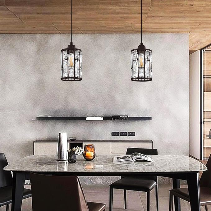 3 Pack 1 Light 5.4" Crystal Shade Hanging Kitchen Island Pendant Light Black Finish,Modern Pendant Fixture with Crystal Metal Shade for Bar,Dining Room,Living Room Over Sink