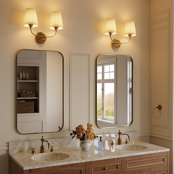 Bathroom Vanity Light with Fabric Shade, 2-Light Bathroom Vanity Light Over Mirror, Modern Light Fixtures for E26 Bulb, Flared Wall Lights for Bedroom, Hallway, Entryway, Powder Room (Gold)