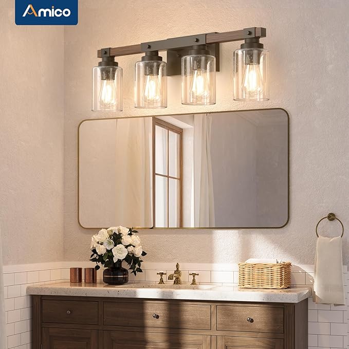 Amico Farmhouse Bathroom Vanity Light Fixtures,Rustic 4-Light Industrial Painted Wood Lights,Vintage Black Wall Sconces Bathroom Vanity Lighting with Bubble Glass Shade