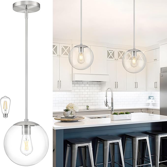 Bagood 10 Inch Globe Pendant Light Nickel Globe Pendant Lights Kitchen Island Mid Century Light Fixture with Hight Clear Glass Contemporary Adjustable Hanging Lights for Dining Room (Bulb Included)