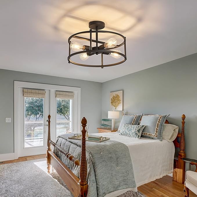 hesoge Industrial Semi Flush Mount Ceiling Light,4 Light Rustic Metal Ceiling Light Fixture,Black Farmhouse Chandelier for Kitchen Island Dining Room Hallway Entryway Bedroom Living Room.