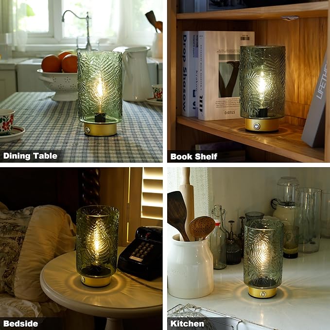 ULAROOM Cordless Lamp Rechargeable Battery Operated lamp, Glass Table Lamp Remote Control - Dimmable Brightness Touch Wireless Bedside Lamp for Bedroom Kitchen Dining Home Living Room Decor Green