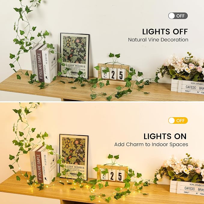 (New) 2 Pack Vines with Lights, 6.56FT 40 LED String Lights with Leaf, LED Artificial Vines with Fairy Light, 2 Modes Fake Vines Ivy String Lights for Bedroom, Wall, Room, Garden, Party Decoration
