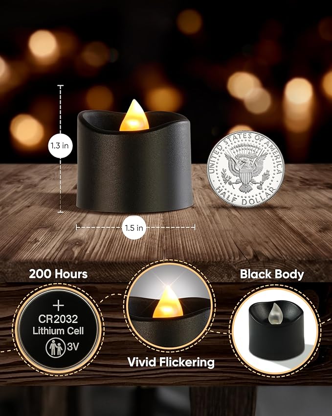 Raycare Black Battery Operated Tea Lights, 200+Hour Electric Flickering Flameless Candles, Realistic Votive LED Tea Lights for Wedding Party Table Christmas Halloween Decorations, 12 Pack