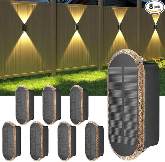 Ellasay 8 Pack Fence Lights Solar Powered: Up and Down Focus LED Solar Wall Lights Outdoor - IP67 Waterproof Solar Lights for Outside Backyard/Porch/Railing - 3 Color Modes