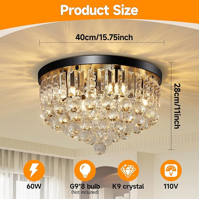 8-Light Modern Crystal Chandelier Black Metal G9 Base Flush Mount Round Light Fixture Ceiling Lamp Farmhouse for Dining Living Room Laundry Foyer Kitchen Balcony Bedroom (H 11''x W 16'')