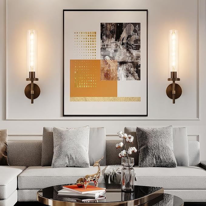 19.5" Knurled Brass Wall Sconce with Clear Glass Tube, Bronze Bathroom Vanity Light Fixtures, Modern Lamp Lighting for Bedroom, Living Room, Hallway, Staircase, Mirror, Kitchen
