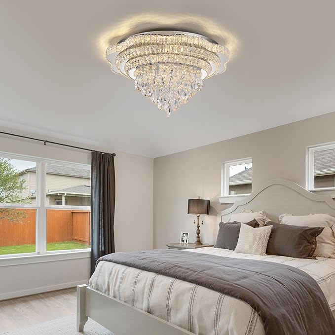 30" Sliver Crystal LED Ceiling Light Fixture with Remote Control,Large Flush Mount Chandelier with 3-Color Dimmable for Living Room Bedroom Dining Room