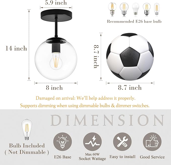 8" Black Semi Flush Mount Ceiling Light Fixture Clear Glass Globe Ceiling Light Fixture Hallway Light Fixture Mid Century Ceiling Light Matte Black Finish for Entryway Foyer Kitchen(Bulb Incl.)