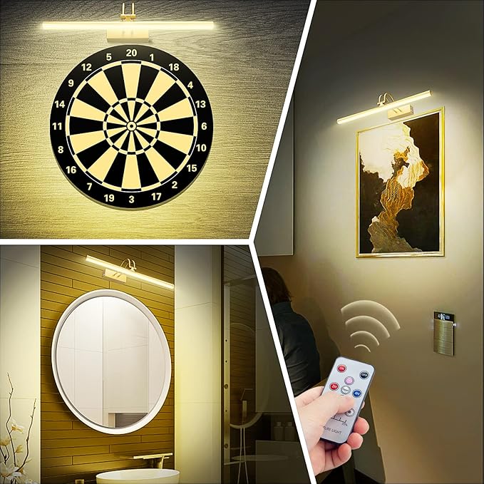 Picture Light, Picture Lights for Wall Cordless, 13inch Picture Lights with Timer and Dimmable, 5000mAh Battery Wall Lights for Display Gallery Painting Art Frame Portrait - Plated Gold, Metal