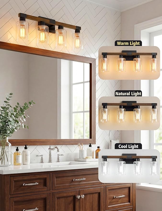 VOLISUN Farmhouse Bathroom Light Fixtures, 4 Light Bathroom Vanity Lights Over Mirror, Rustic Vanity Light for Bathrooms,Wood Bathrooms Lights Fixtures Over Mirror-UL Certificated