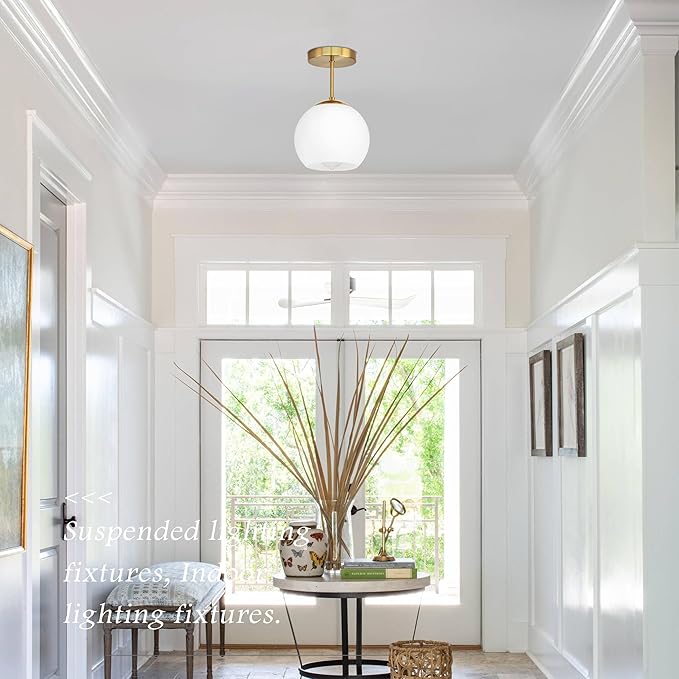 Gold Semi Flush Mount Ceiling Light Fixture Milk Glass Light Fixture Mid Century Flush Mount Ceiling Lights Brass Flush Mount Ceiling Schoolhouse Lights for Dining Room(Bulb Incl.)