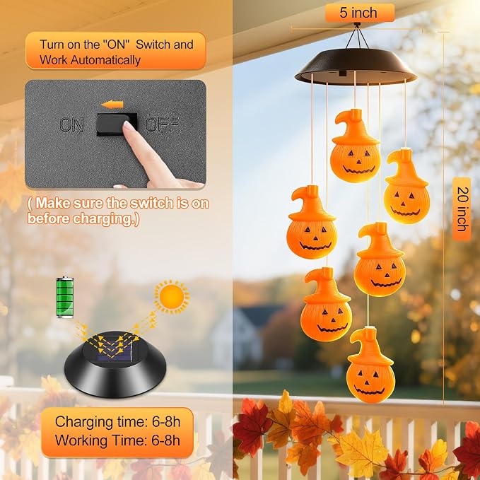 Halloween Decorations, Fall Decor Birthday Gifts for Women, Winzwon Solar Lights Outdoor Wind Chimes for Outside Garden Yard Patio Porch Decor Hanging Pumpkin Autumn Lights