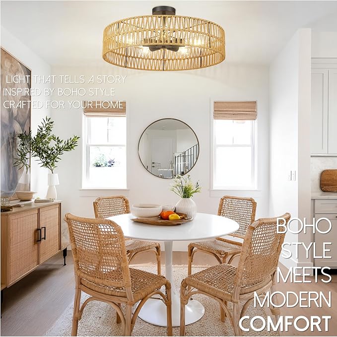 Hamilyeah 24 inch Rattan Boho Flush Mount Ceiling Light Fixture with 5 Light,Woven Light Fixtures Ceiling Mount for Living Room, Bedroom, Kitchen