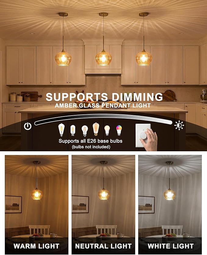 Amber Glass Pendant Lights Kitchen Island, 7" Vintage Adjustable Pendant Lighting Gold Hanging Light Fixtures for Kitchen, Dining Room, Sink, Bathroom