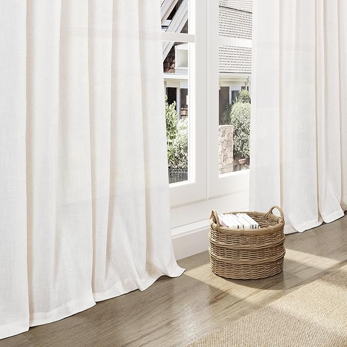 Ivory White Linen Curtains for Living Room 98 Inches Long Light Filtering Semi Sheer Curtain Back Tab Rustic Luxury Neutral Modern Farmhouse Decor Drapes for Bedroom Dinner Room 52x98, 2 Panels