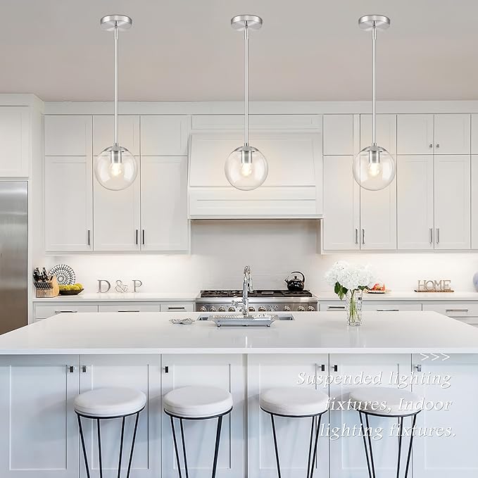 Bagood 6 Inch Globe Pendant Light Nickel Globe Pendant Lights Kitchen Island Mid Century Light Fixture with Hight Clear Glass Contemporary Adjustable Hanging Lights for Dining Room (Bulb Included)