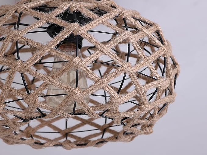 Coastal Woven Flush Mount Ceiling Light Fixture Boho Rustic Hemp Rope Round Cage Semi Flush Mount Ceiling Light for Hallway Kitchen Entry Bedroom Farmhouse Beach, Black