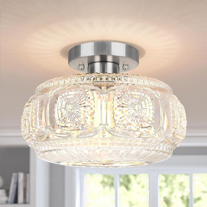 Semi Flush Mount Ceiling Light, Upgraded Larger Brushed Nickel Glass Ceiling Light Fixture, Vintage Lighting for Hallway Kitchen Bedroom Dining Room, Bulb Not Included