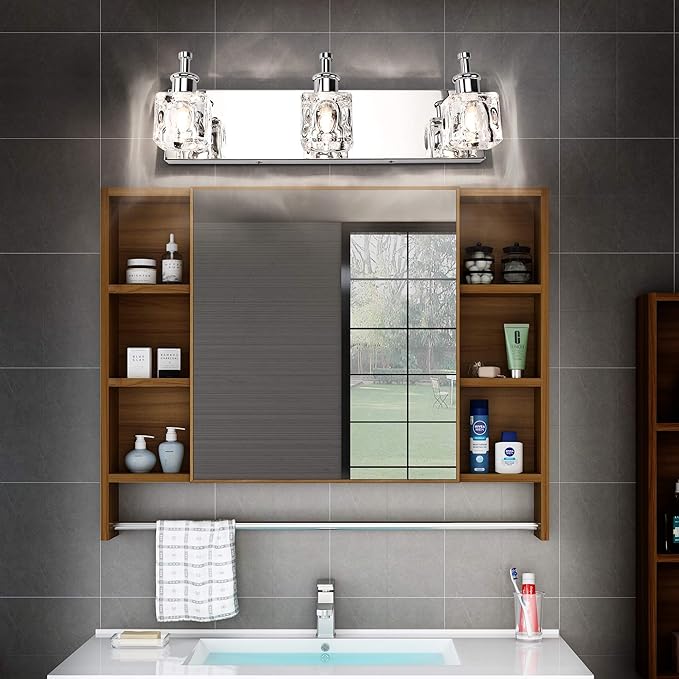 PRESDE Modern 3-Light Bathroom Vanity Lights Crystal Chrome Bathroom Lights Fixture Over Mirror LED Bath Wall Lighting