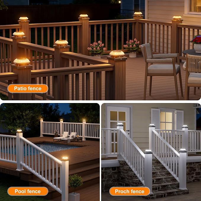VOLISUN Solar Post Cap Lights 8pack, Black Solar Fence - Post Lamps Outdoor Waterproof, with Warm/Natural/Cool Light,for 4x4 Wooden/Vinyl