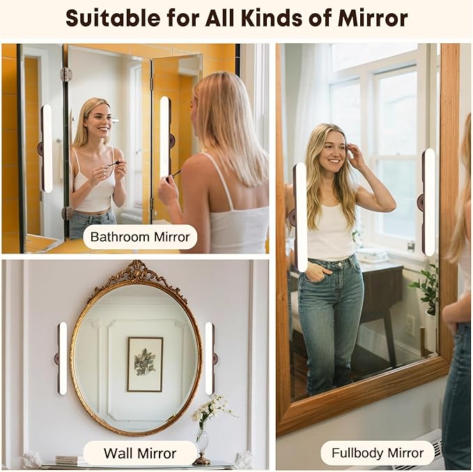 2 Pcs Vanity Makeup Lights for Bathroom, Wireless Wood Grain Rechargeable LED Stick on Light Bar for Mirror, Tunable 3 Color Temperature 4000 mAH Battery Life Lighting for Vanity(Deep Brown)