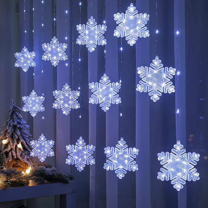 BLOOMWIN Christmas Fairy Curtain Lights 9.8ft Snowflake Lights USB Christmas Indoor Decorations 204LEDs Twinkle Lights with Remote for Bedroom Xmas - Cool White