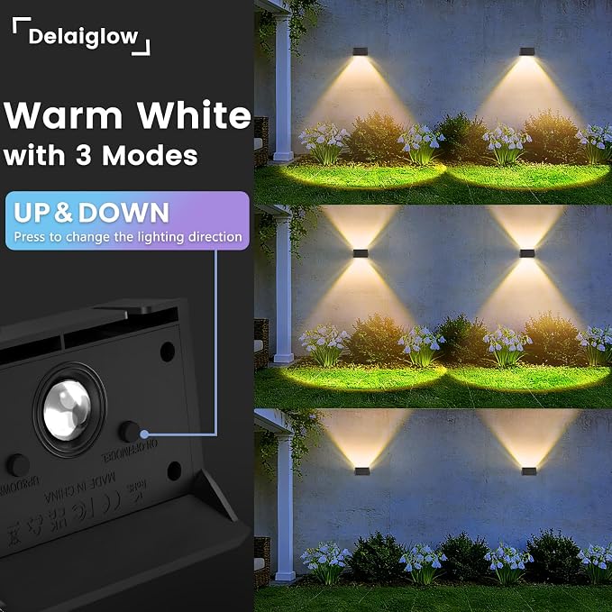 Solar Fence Lights Outdoor, 8 Pack Solar Up Down Wall Lights for Outside, IP67 Fence Lights Solar Powered Dusk to Dawn Auto-Work for Patio Garden Backyard Porch Deck Pathway Step (Warm-White)