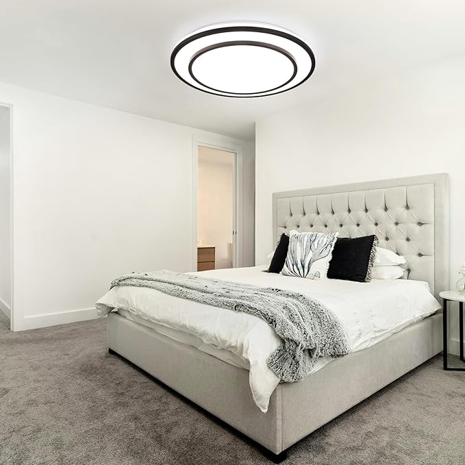 Black LED Flush Mount Ceiling Light Fixture 5CCT, Dimmable Light Fixture Ceiling Mount 16" 24W, Overhead Modern Close to Ceiling for Living Room, Foyer, Kitchen, Bedroom