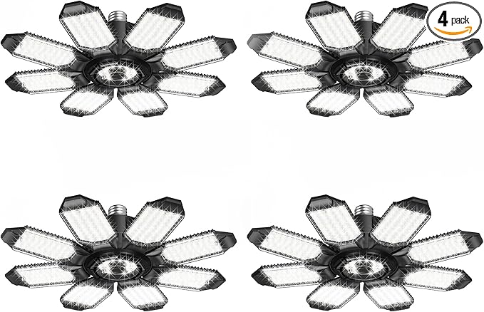 LED Garage Lights - 250W Ceiling LED with 8 Adjustable Panels, 25000LM Deformable Shop Light for Garage, Basement, Barn, High Bay Light, Support E26/E27 Screw Socket (4 Pack)