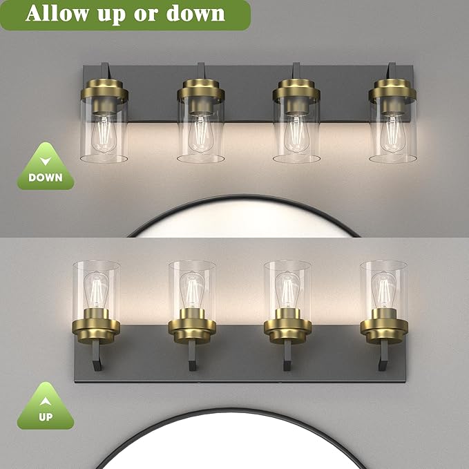 Espird Bathroom Lighting Fixtures, 4-Light Bathroom Vanity Lights Over Mirror, Black and Gold Vanity Light with Glass Shade, Modern Vanity Lighting Fixtures for Bathroom, Bedroom, Hallway
