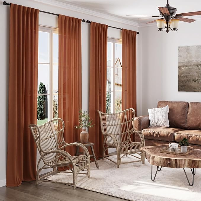 Terracotta Linen Curtains 92 inches Long 2 Panel Set Back Tab Rod Pocket Rustic Farmhouse Boho Curtains for Living Room Semi Sheer Brick Burnt Orange Bohemian Fall Decor for Dining Room Rust