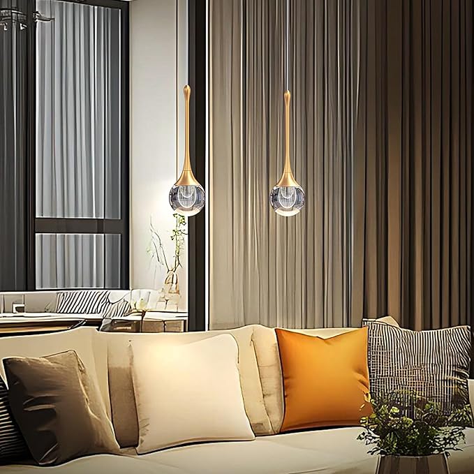 2-Pendant Lights Kitchen Island,Crystal Gold Globe LED Chandelier, Modern Dimmable Adjustable Height Hanging Light Fixture,Sloped Ceiling,Bedroom,Dining Room