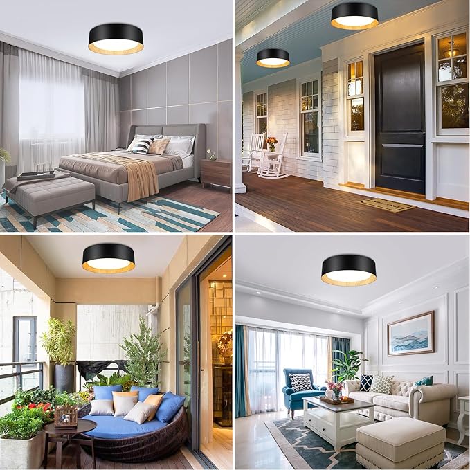 Flush Mount Ceiling Light, 13in 250W Equivalent LED Ceiling Light Fixture, 3CCT Adjustable 3000K 4000K 5000K, Dimmable Black and Wood Modern Ceiling Lamp for Bedroom Bathroom Hallway